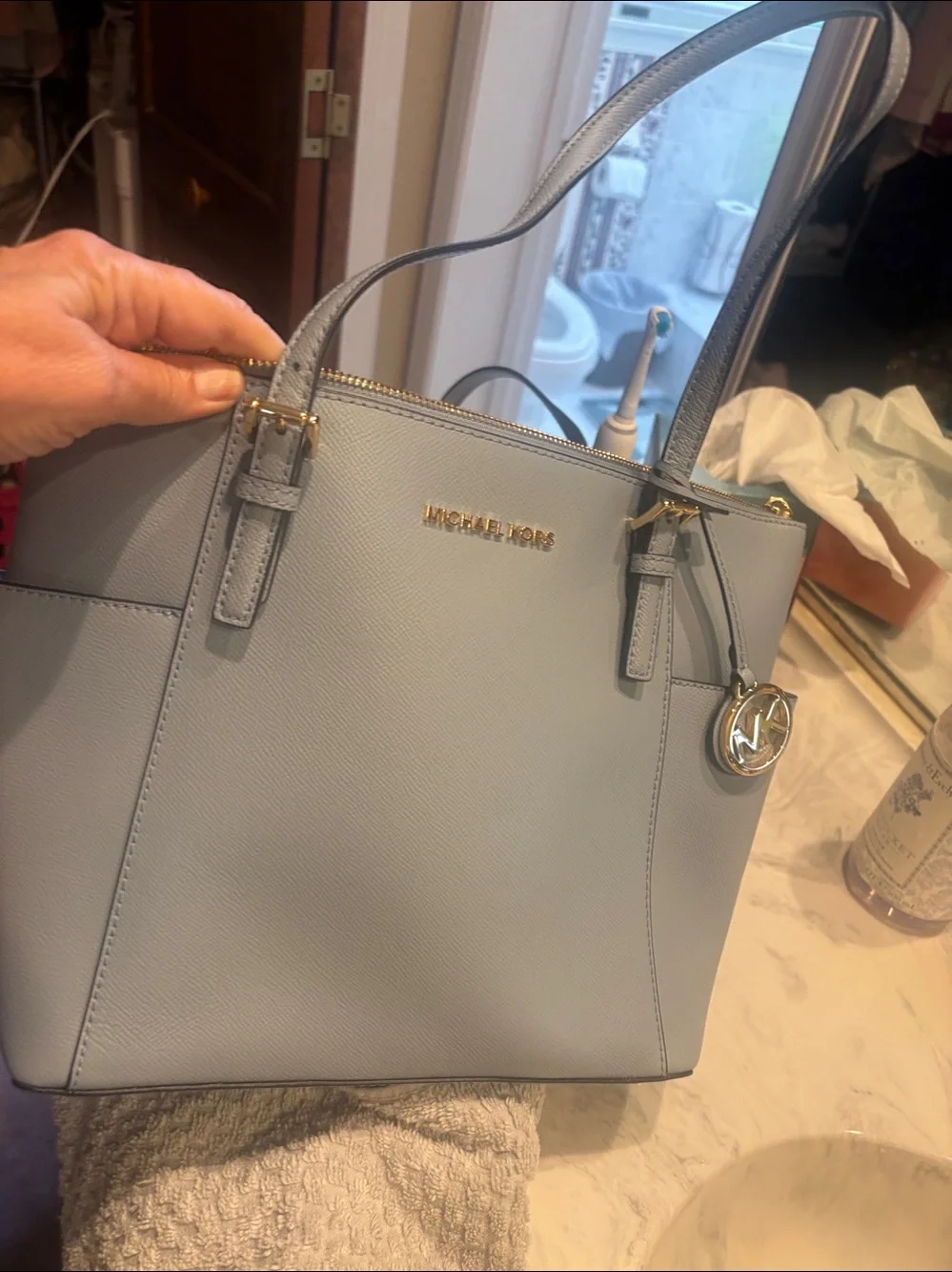 Michael Kors Pale Blue Saffiano Leather Tote with Gold MK Charm